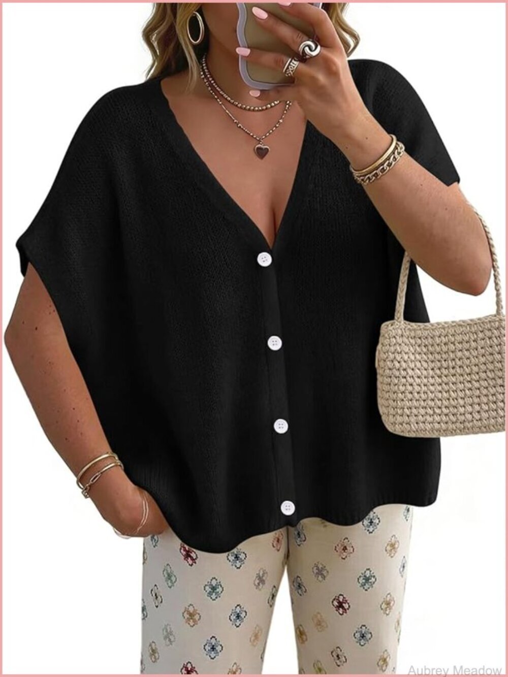 Oversized Short Sleeve Cardigan Lightweight Knit V-Neck Button Front Casual Top